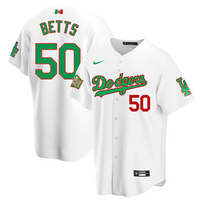 Men's Los Angeles Dodgers #50 Mookie Betts White Green MLB Mexico 2020 World Series Stitched Jersey